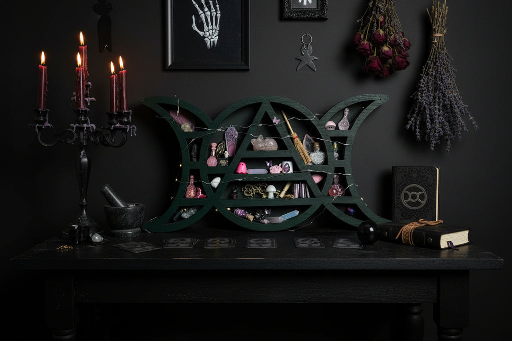 Witchy shelf with various decorative items against a pink and white striped background