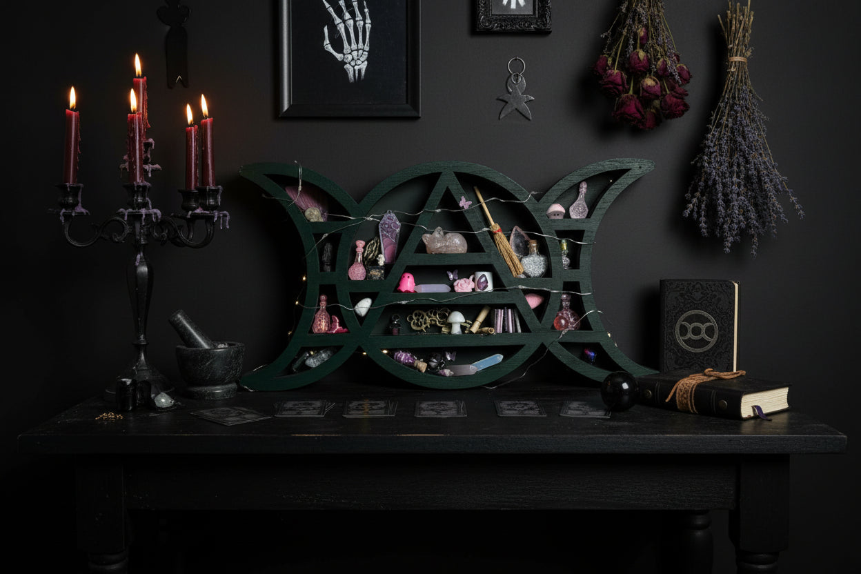 Witchy shelf with various decorative items against a pink and white striped background