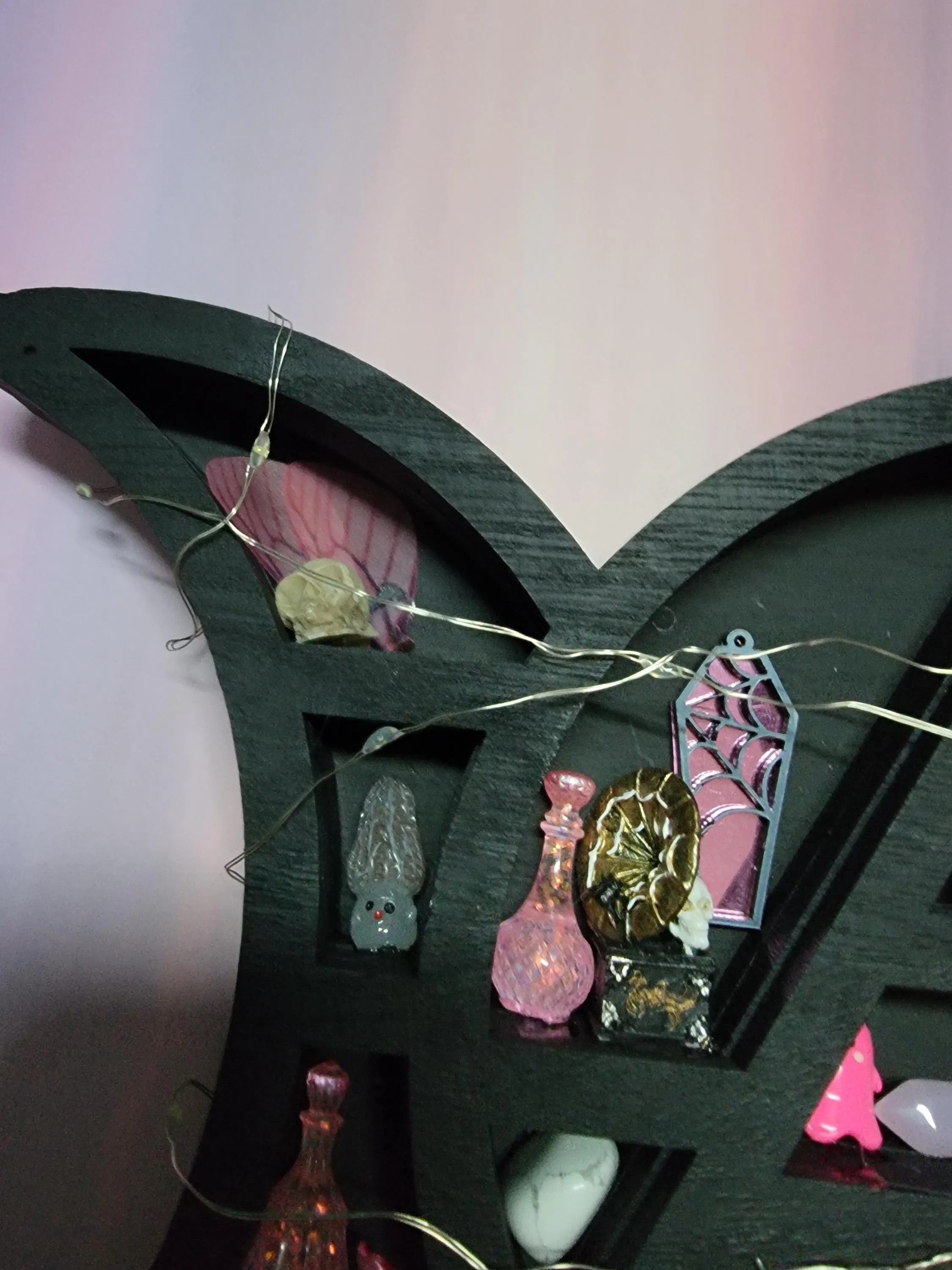 Pink Witch Miniature Black Triple Moon Wooden Witch Shelf with Crystals & Fairy Lights