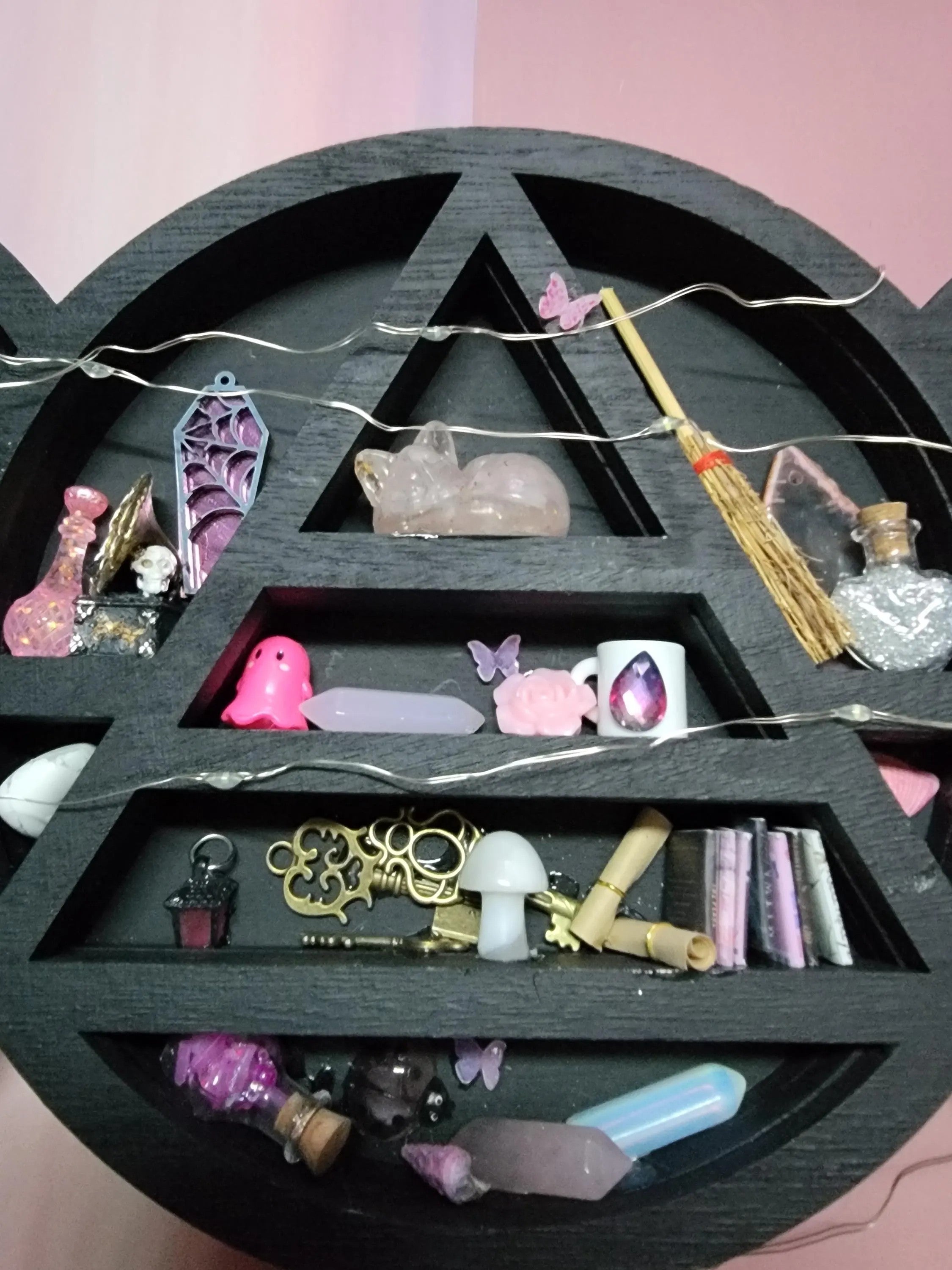 Pink Witch Miniature Black Triple Moon Wooden Witch Shelf with Crystals & Fairy Lights