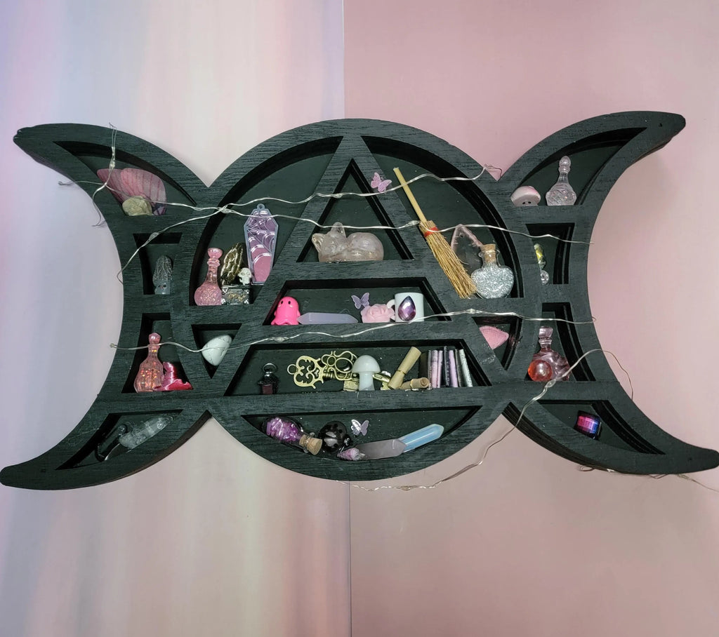 Pink Witch Miniature Black Triple Moon Wooden Witch Shelf with Crystals & Fairy Lights