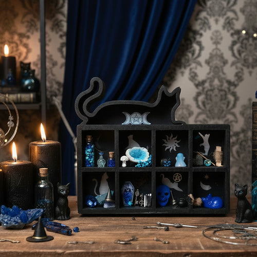Dark cottage core witch shelf displayed in a cozy room setting with miniature apothecary decor, fairy tale accents, and warm Gothic aesthetic