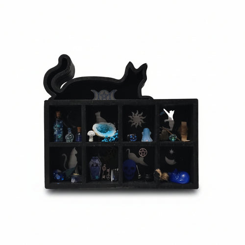 Black handmade wooden witch shelf filled with miniature décor including potion bottles, books, crystals, candles, and Gothic fantasy details perfect gift for witches