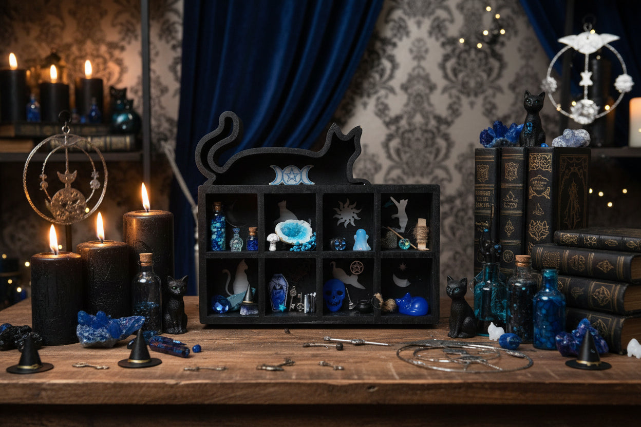 Black display case with various small figurines and objects on a white surface.
