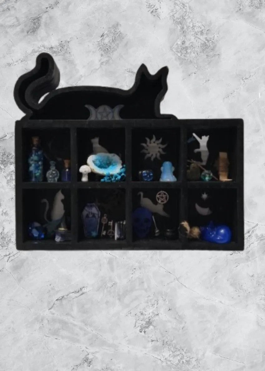 Black cat figurine above a display case with various small objects on a textured gray background