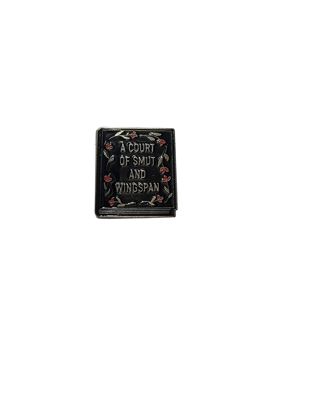 Small rectangular shaped book pin with text and decorative elements on a white background
