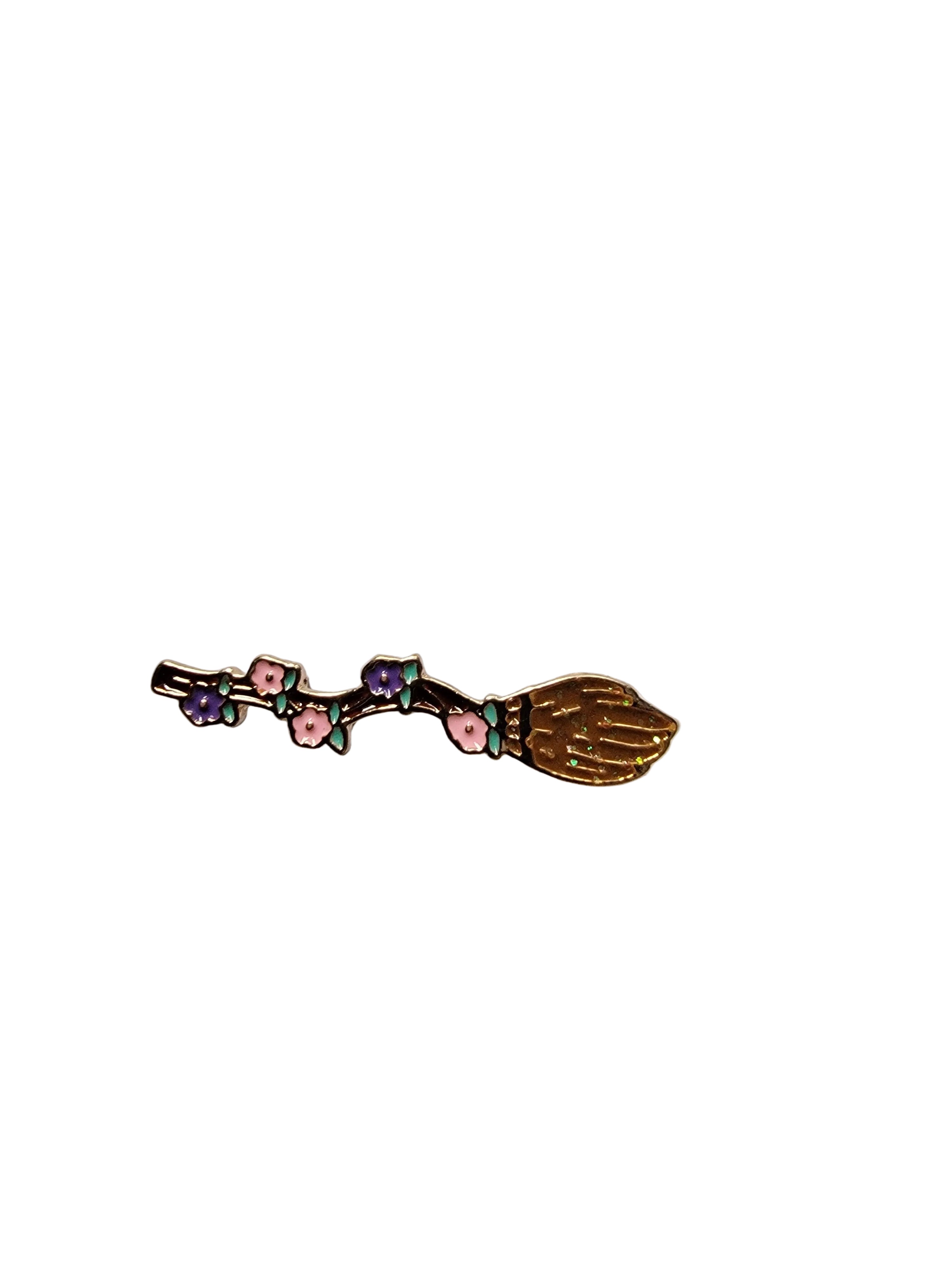 Brown witch broom enamel pin featuring cute broom, witchy gift for jackets and bags