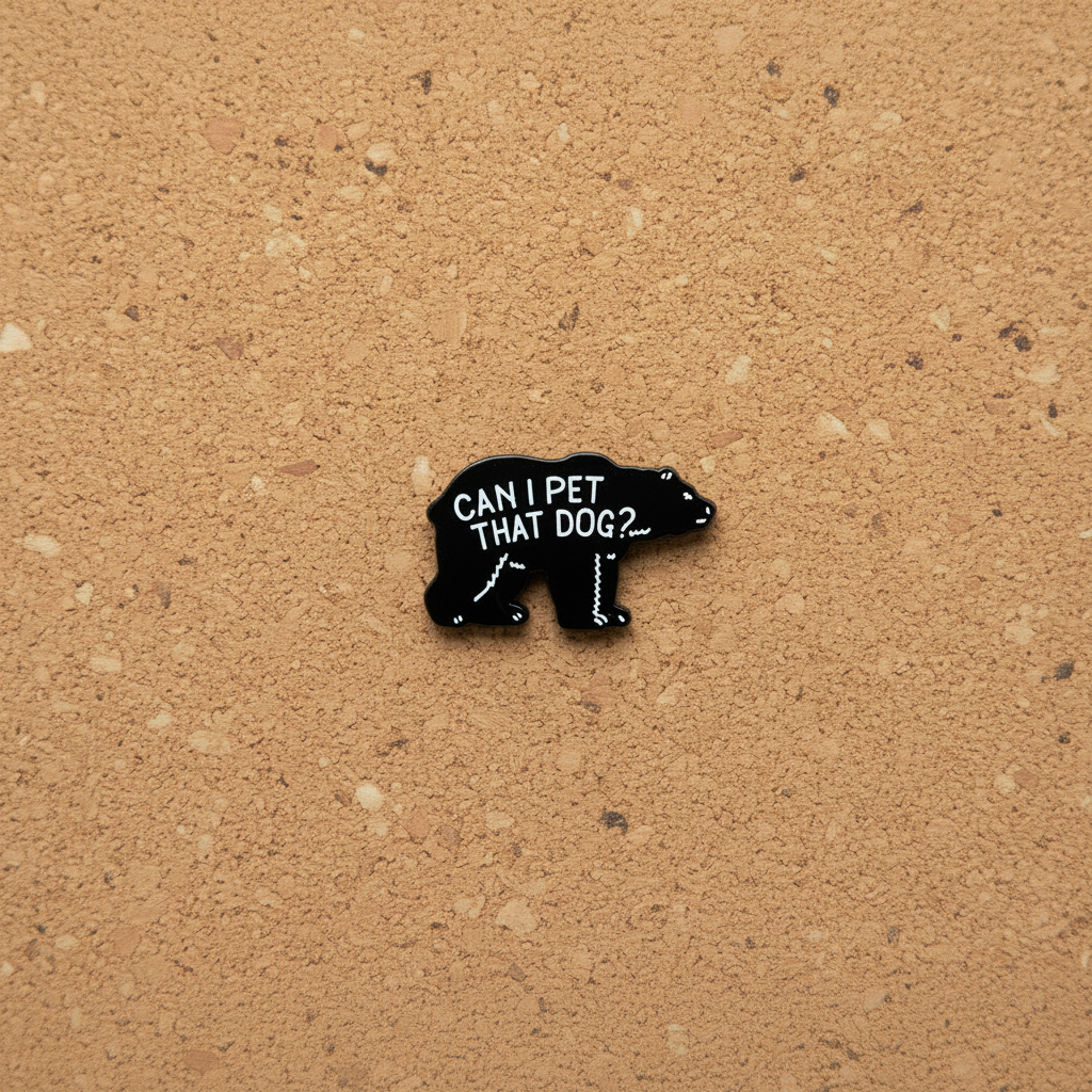 Can I pet that dog enamel pin displayed on cork board meme enamel pin for collectors and display