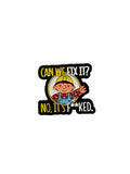 Pin with cartoon character and text on a white background