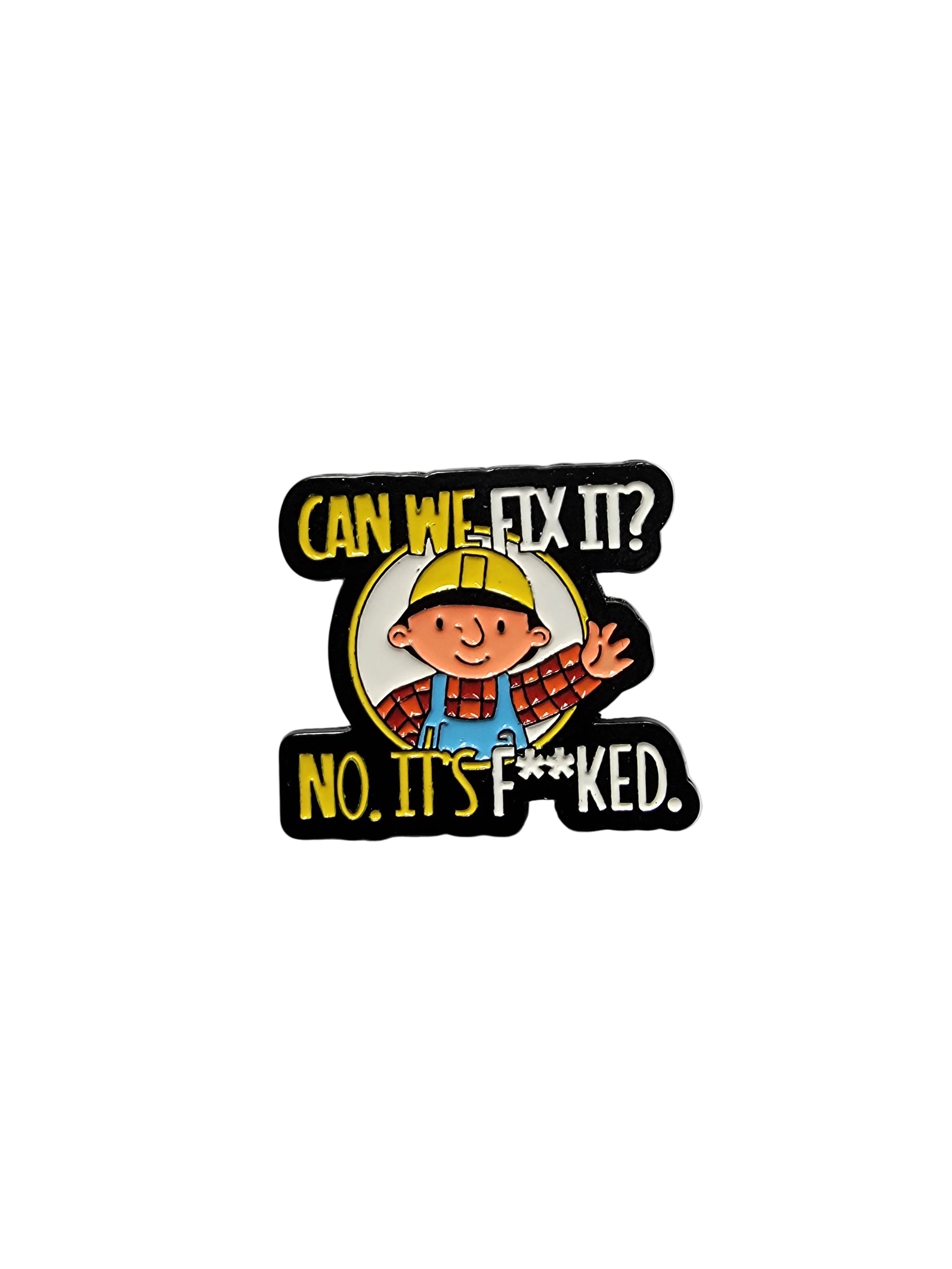 Pin with cartoon character and text on a white background