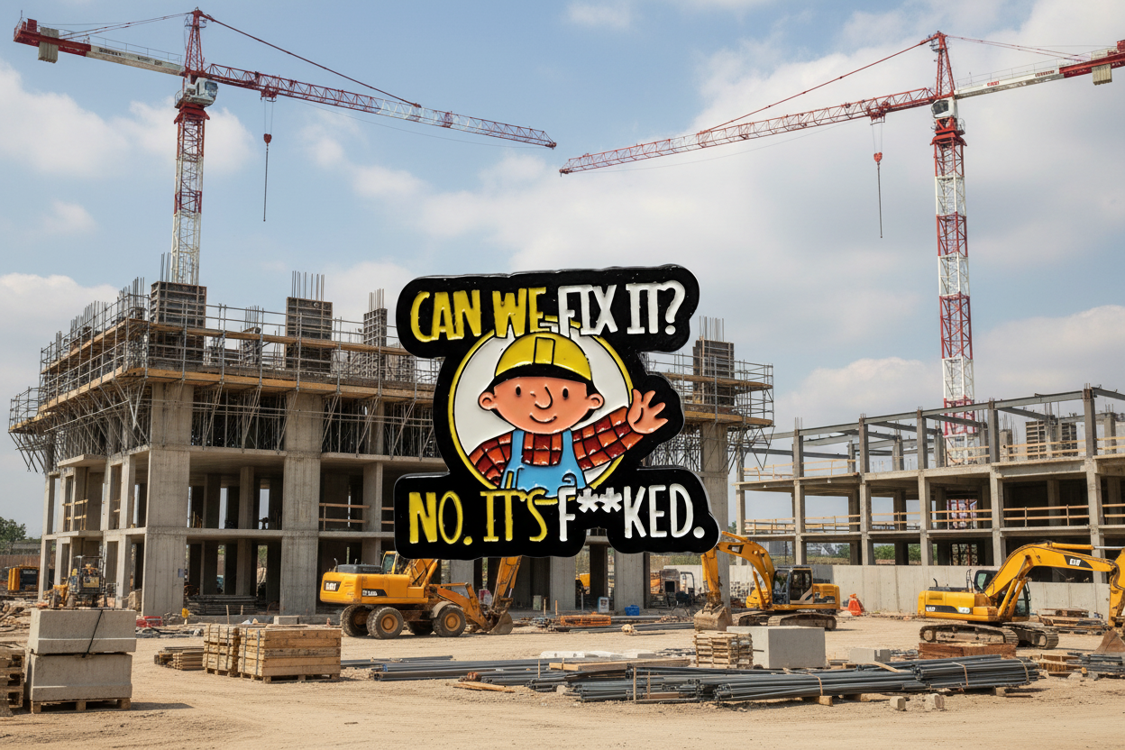 Pin with cartoon character and text on a construction site background