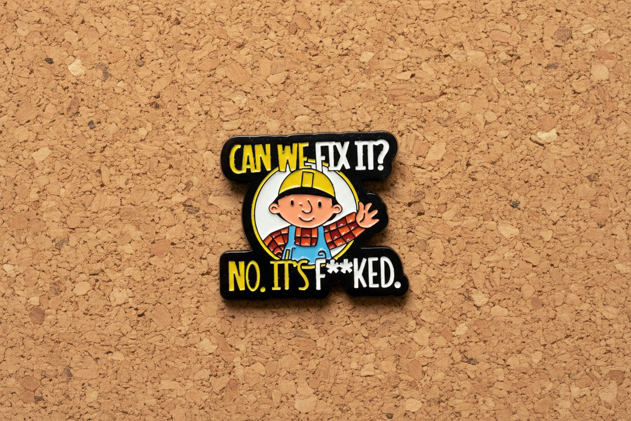 Pin with cartoon character and text on a cork background