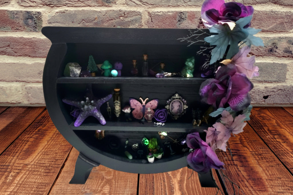 Large Cauldron Witch Shelf - Wooden Cabinet of Curiosities with Fairy Lights -  Gothic Miniature Apothecary Decor