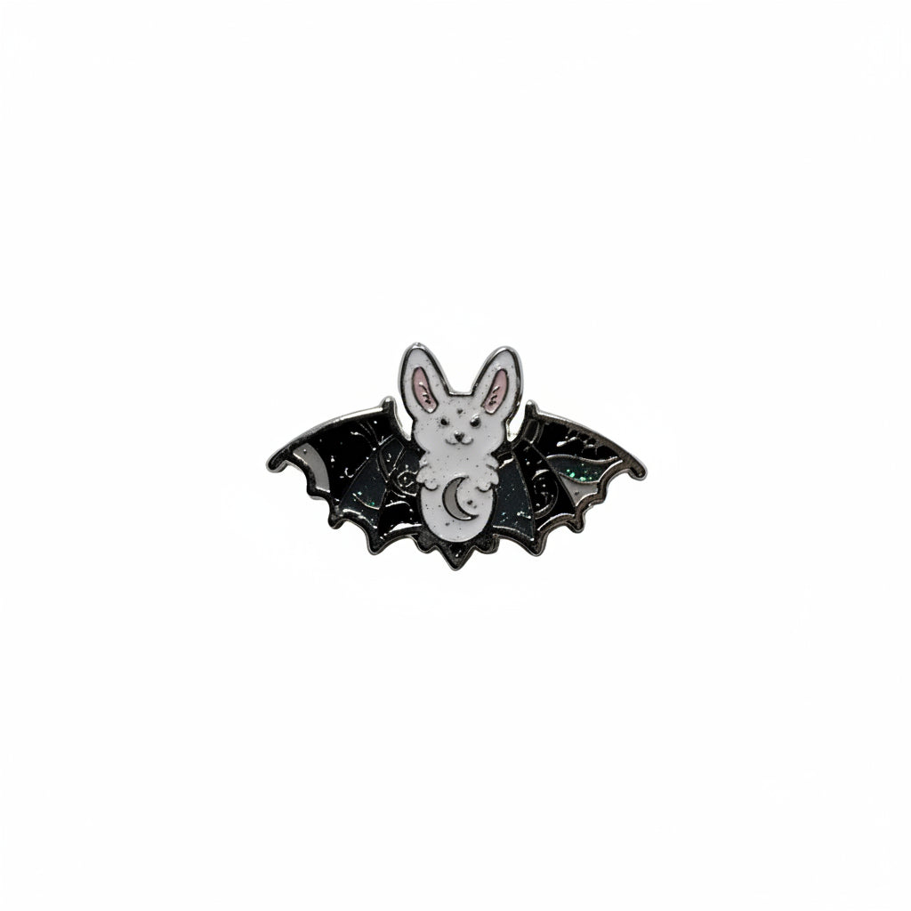 Cute Bat enamel pin , featuring white bat with wings open, goth gift for jackets and bags 