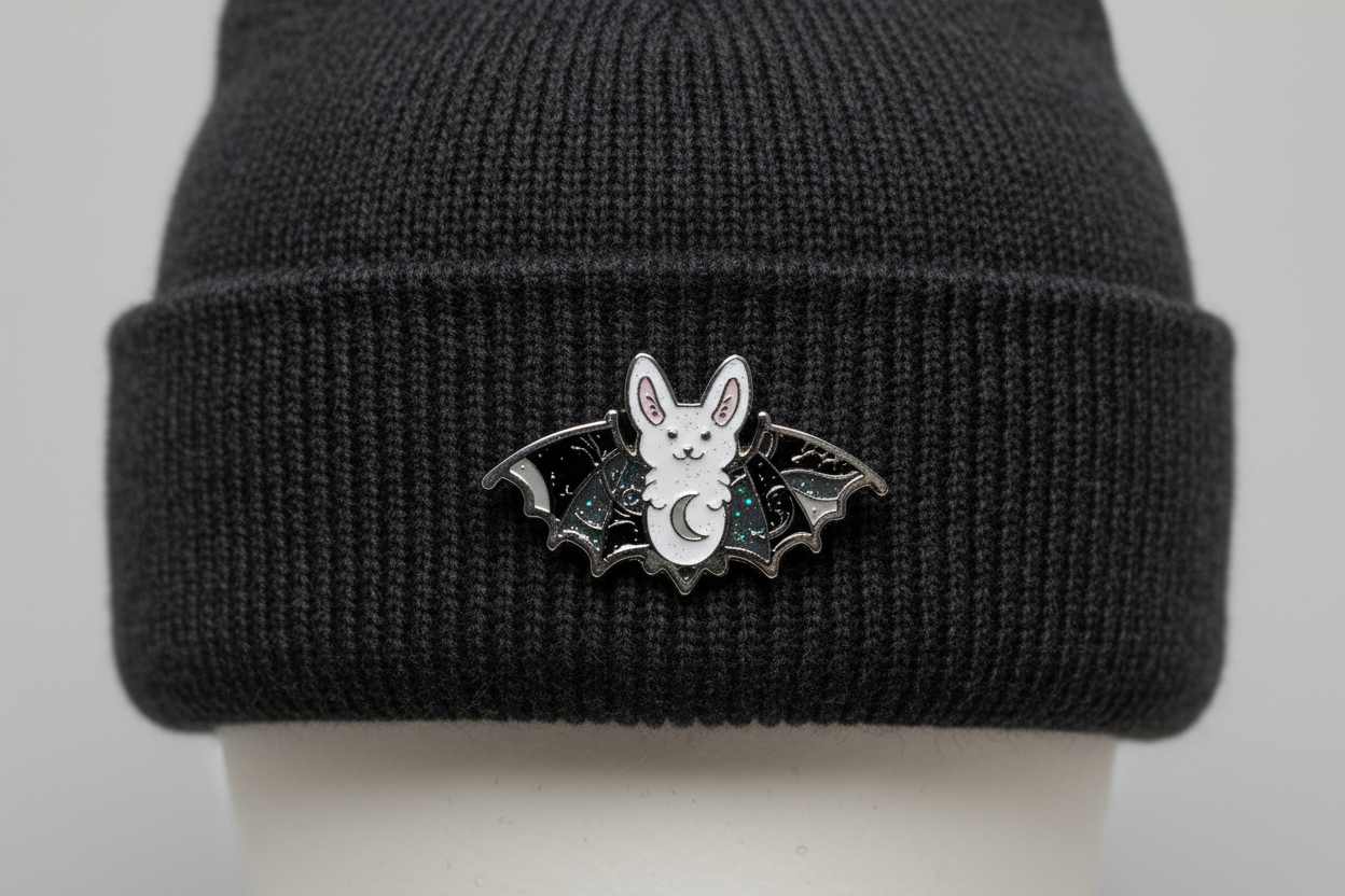 Cute Bat enamel pin worn on beanie hat witch enamel pin for casual outfits and street wear
