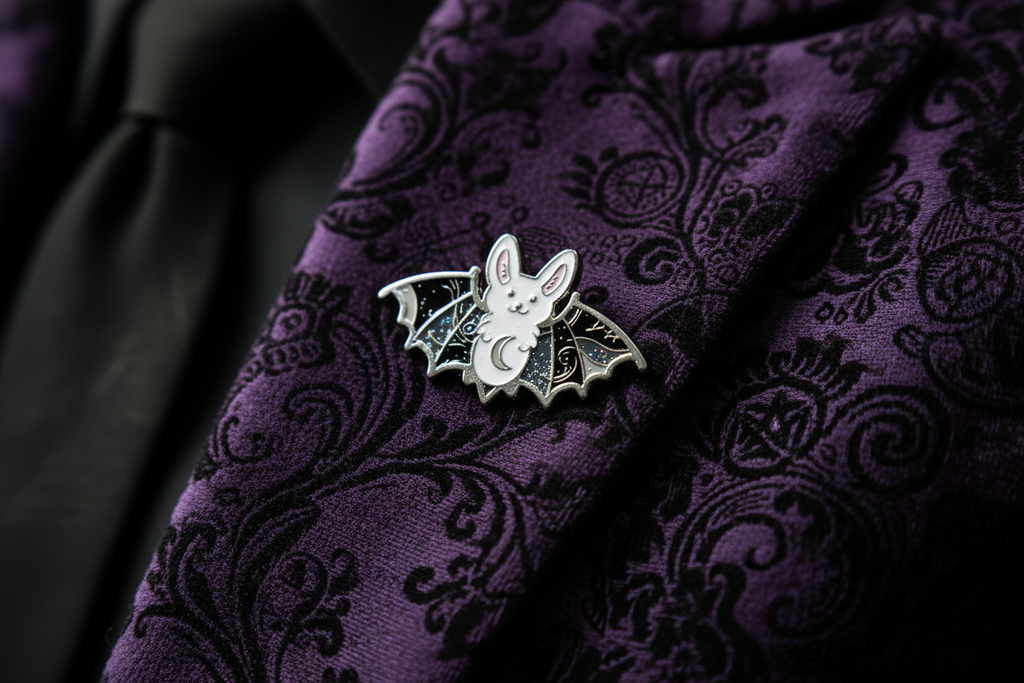 Cute Bat enamel pin worn on jacket lapel, witchy pin style for everyday wear