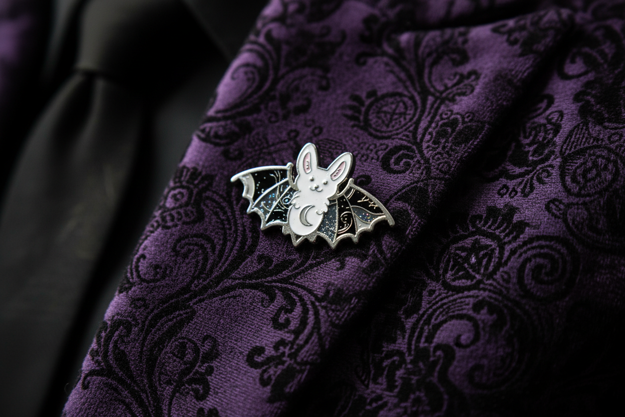 Cute Bat enamel pin worn on jacket lapel, witchy pin style for everyday wear