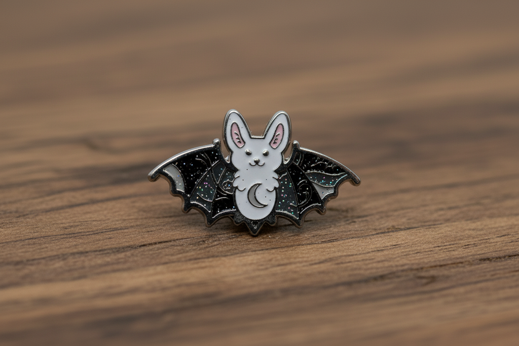Cute Bat enamel pin on wood background goth enamel pin with swirl detail