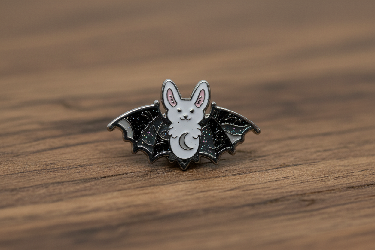 Cute Bat enamel pin on wood background goth enamel pin with swirl detail