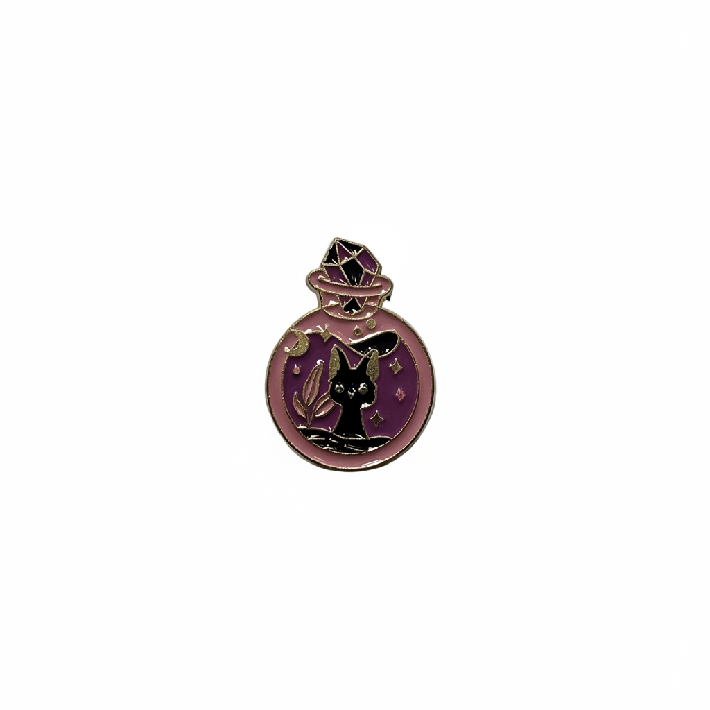 Cute Black Cat Potion Bottle Enamel Pin featuring a black cat design, cute gift for jackets and bags  