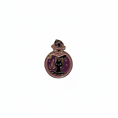 Cute Black Cat Potion Bottle Enamel Pin featuring a black cat design, cute gift for jackets and bags  