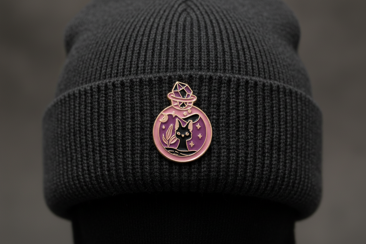 Cute Black Cat Potion Bottle Enamel Pin worn on beanie hat alternative enamel pin for casual outfits and street wear