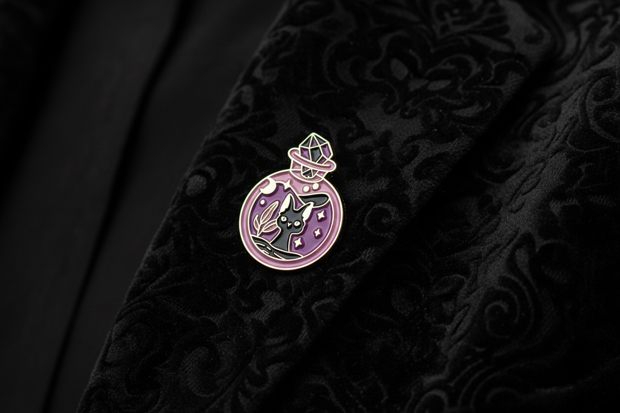 Cute Black Cat Potion Bottle Enamel Pin worn on jacket lapel, goth pin style for everyday wear