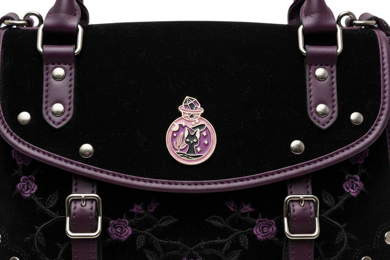 Cute Black Cat Potion Bottle Enamel Pin attached to purse witchy brooch accessory for bags and personal style