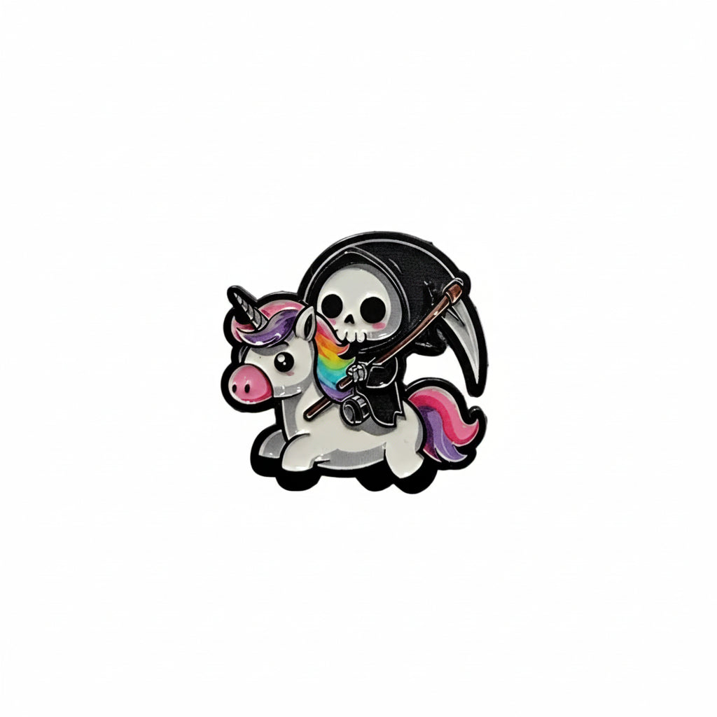 Cute Grim Reaper Enamel Pin featuring a grim reaper on a unicorn, alt gift for jackets and bags