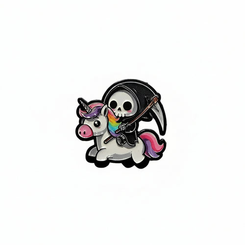 Cute Grim Reaper Enamel Pin featuring a grim reaper on a unicorn, alt gift for jackets and bags