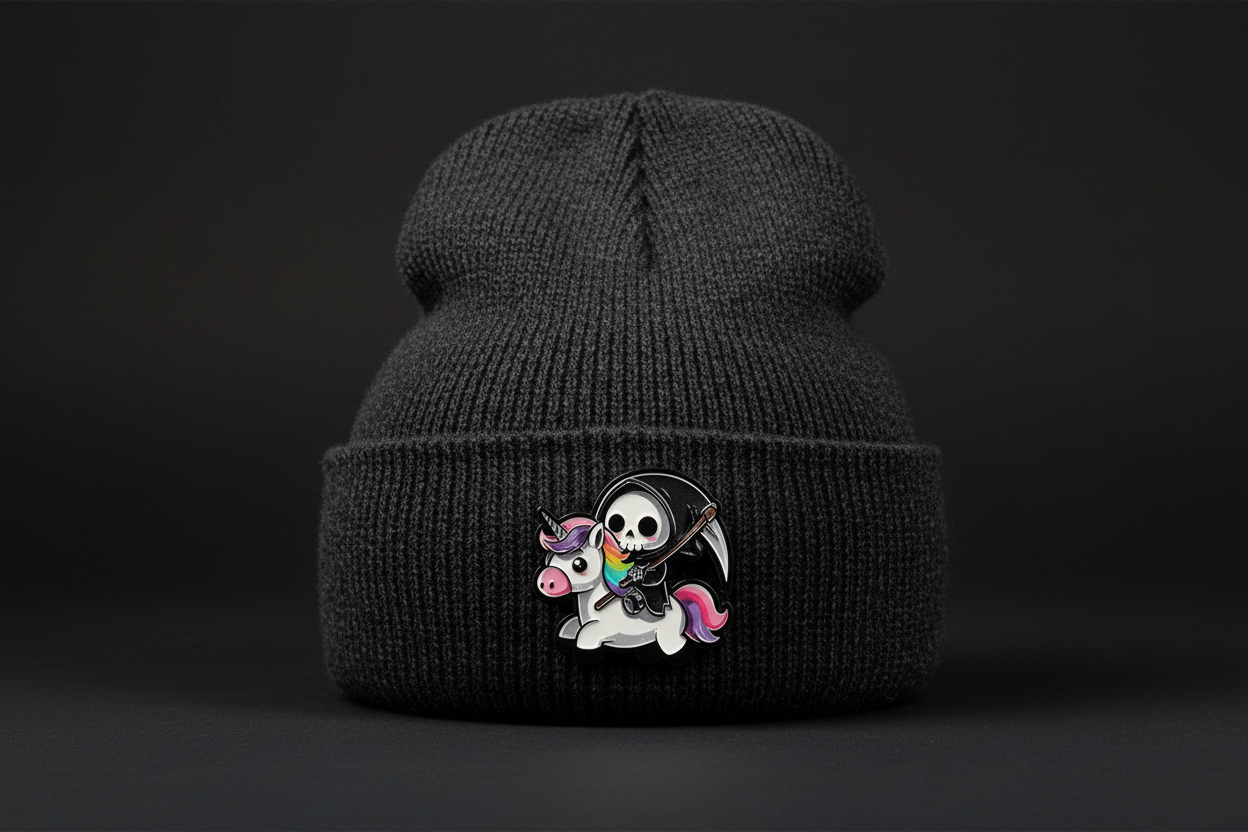 Cute Grim Reaper Enamel Pin worn on beanie hat alternative enamel pin for casual outfits and street wear