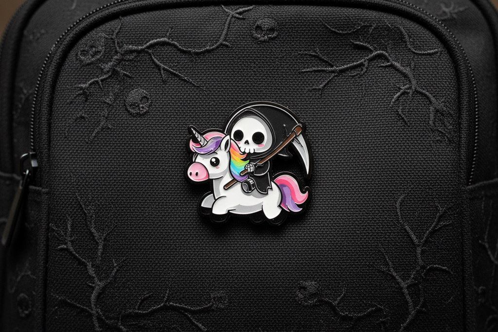 Cute Grim Reaper Enamel Pin on backpack cute accessory for customizing bags and school gear