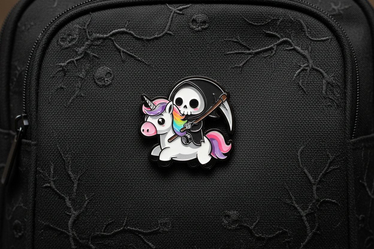 Cute Grim Reaper Enamel Pin on backpack cute accessory for customizing bags and school gear