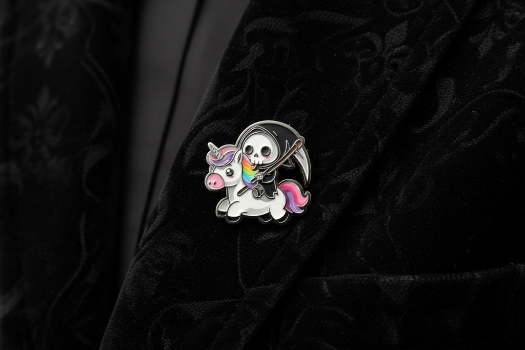 Cute Grim Reaper Enamel Pin worn on jacket lapel, gothic pin style for everyday wear
