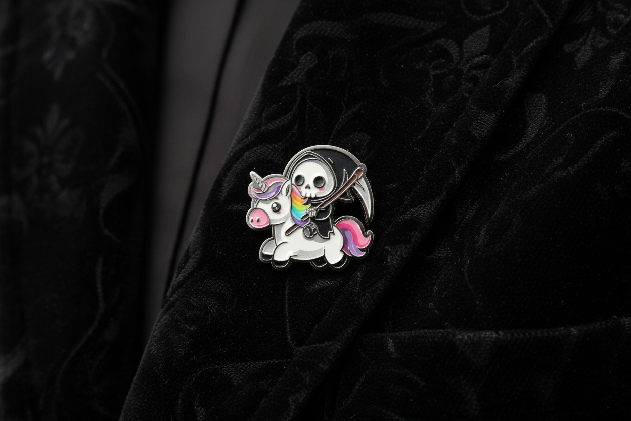 Cute Grim Reaper Enamel Pin worn on jacket lapel, gothic pin style for everyday wear