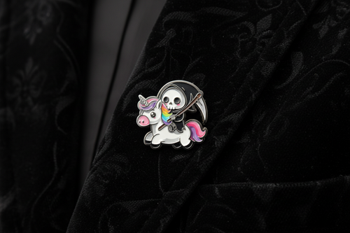 Cute Grim Reaper Enamel Pin worn on jacket lapel, gothic pin style for everyday wear