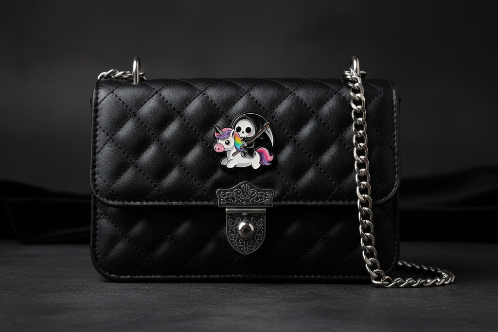 Cute Grim Reaper Enamel Pin attached to purse witch brooch accessory for bags and personal style