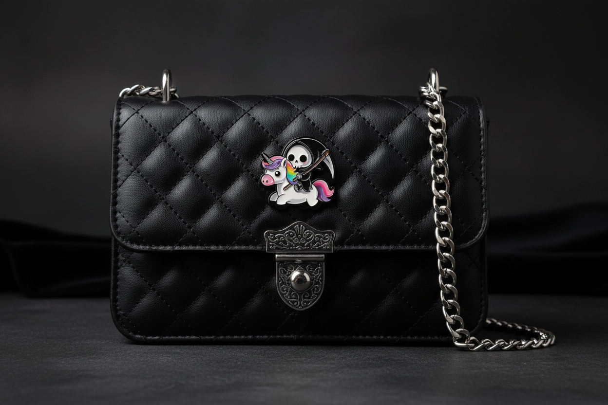 Cute Grim Reaper Enamel Pin attached to purse witch brooch accessory for bags and personal style