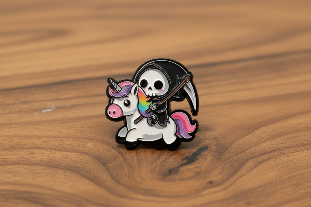 Cute Grim Reaper Enamel Pin on wood background anime style enamel pin with unicorn detail