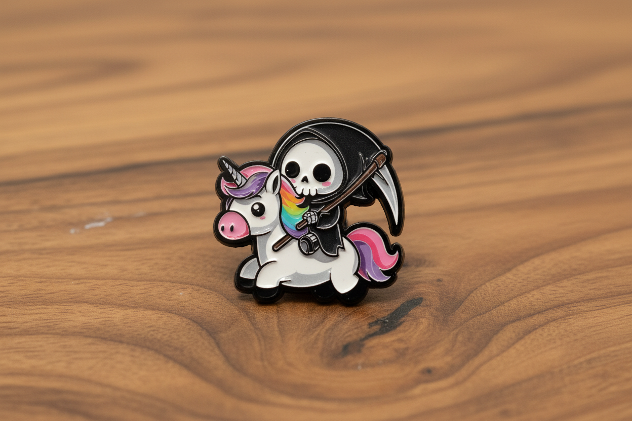 Cute Grim Reaper Enamel Pin on wood background anime style enamel pin with unicorn detail