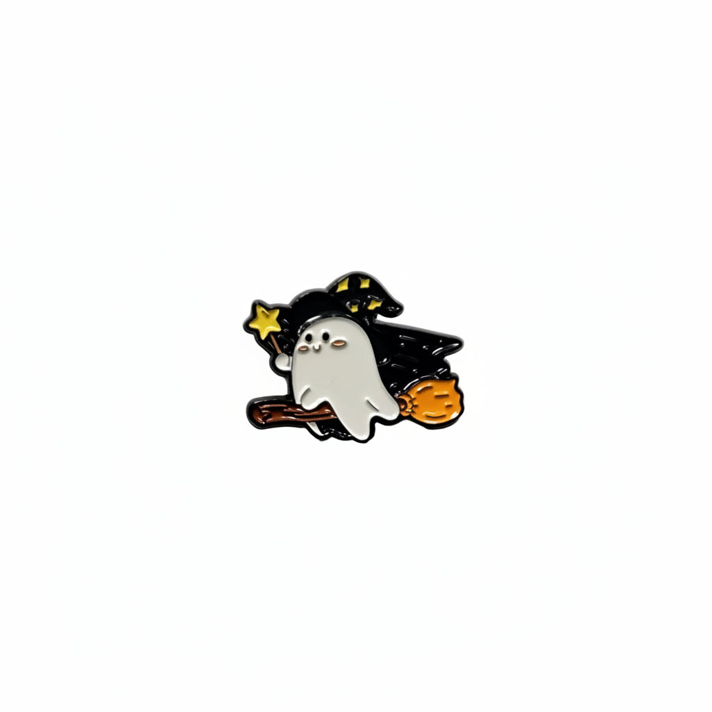 Cute Witch Ghost Enamel Pin featuring a ghost riding a broom in a witch hat, spooky cute gift for jackets and bags 