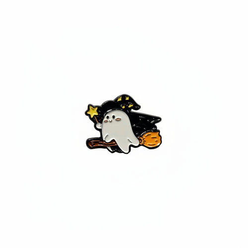Cute Witch Ghost Enamel Pin featuring a ghost riding a broom in a witch hat, spooky cute gift for jackets and bags 