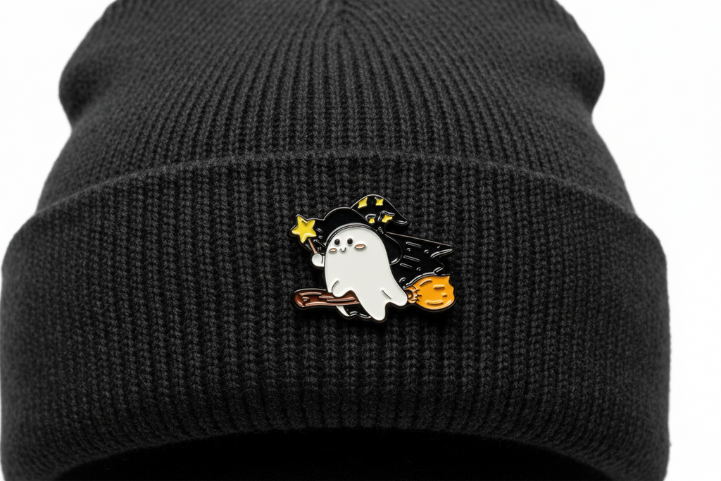 Cute Witch Ghost Enamel Pin worn on beanie hat alternative enamel pin for casual outfits and street wear