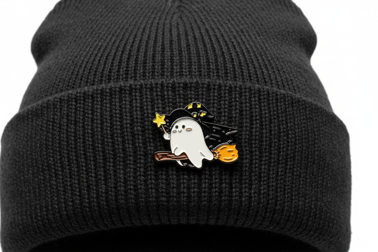 Cute Witch Ghost Enamel Pin worn on beanie hat alternative enamel pin for casual outfits and street wear