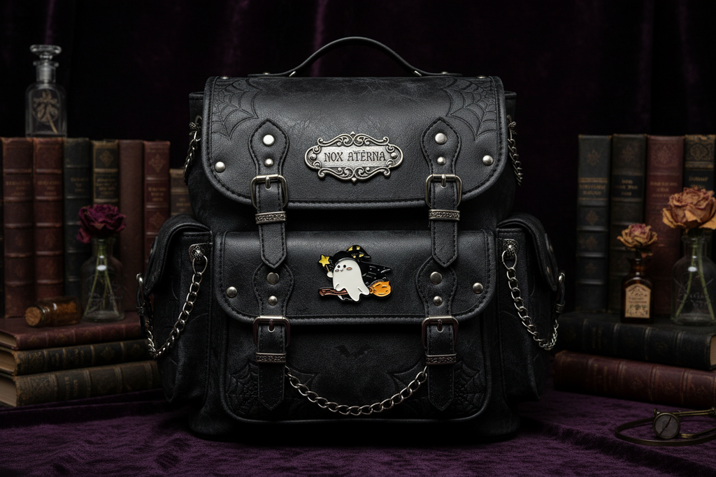 Cute Witch Ghost Enamel Pin on backpack witchy accessory for customizing bags and school gear