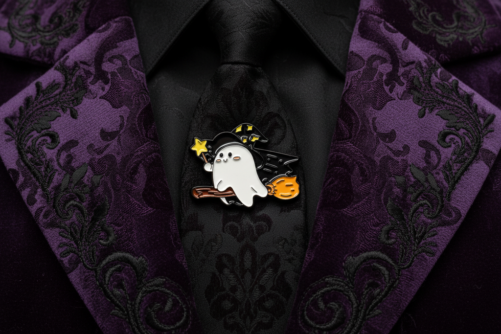 Cute Witch Ghost Enamel Pin worn on jacket lapel, goth pin style for everyday wear