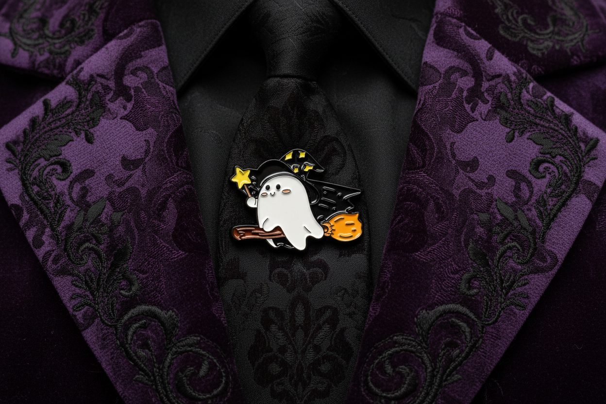 Cute Witch Ghost Enamel Pin worn on jacket lapel, goth pin style for everyday wear