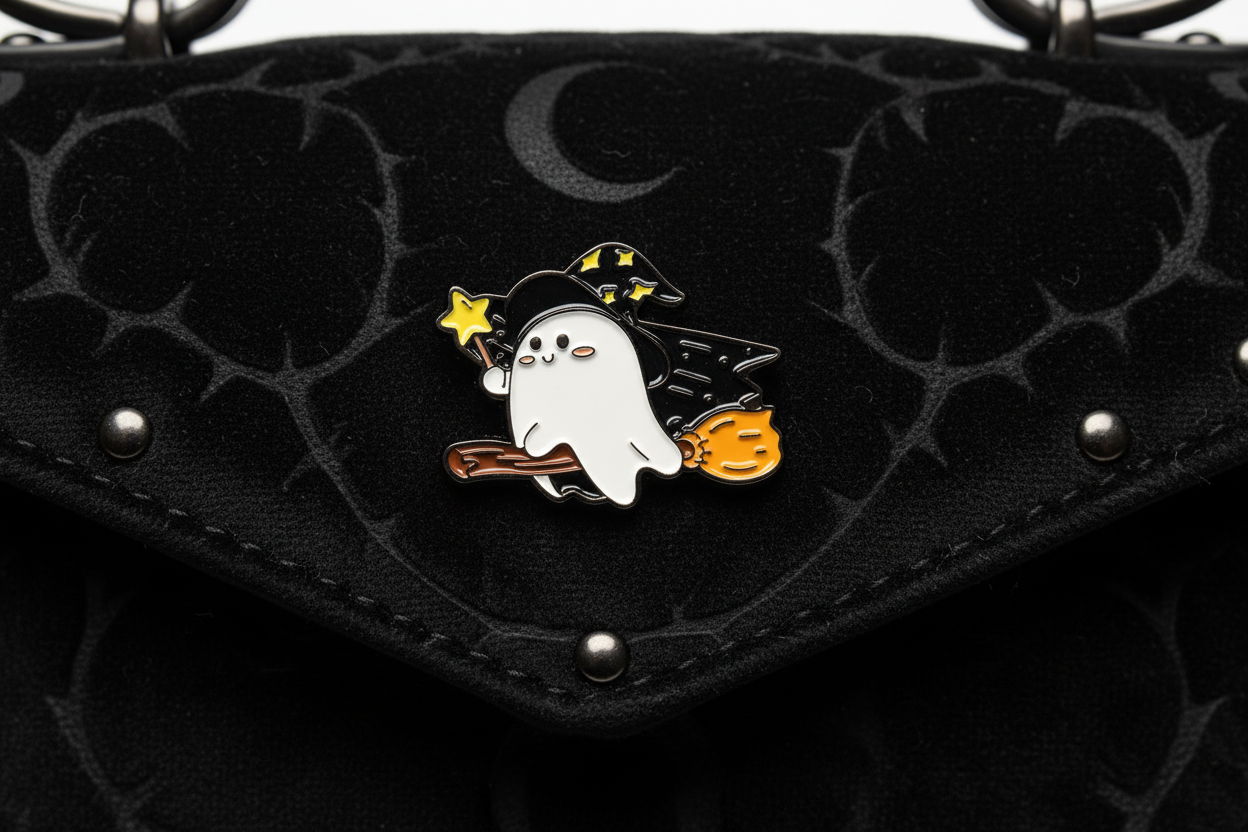 Cute Witch Ghost Enamel Pin attached to purse Halloween brooch accessory for bags and personal style