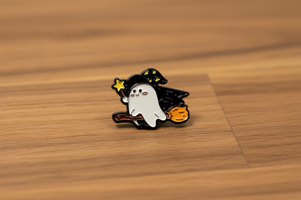 Cute Witch Ghost Enamel Pin on wood background Gothic enamel pin with DESIGN detail
