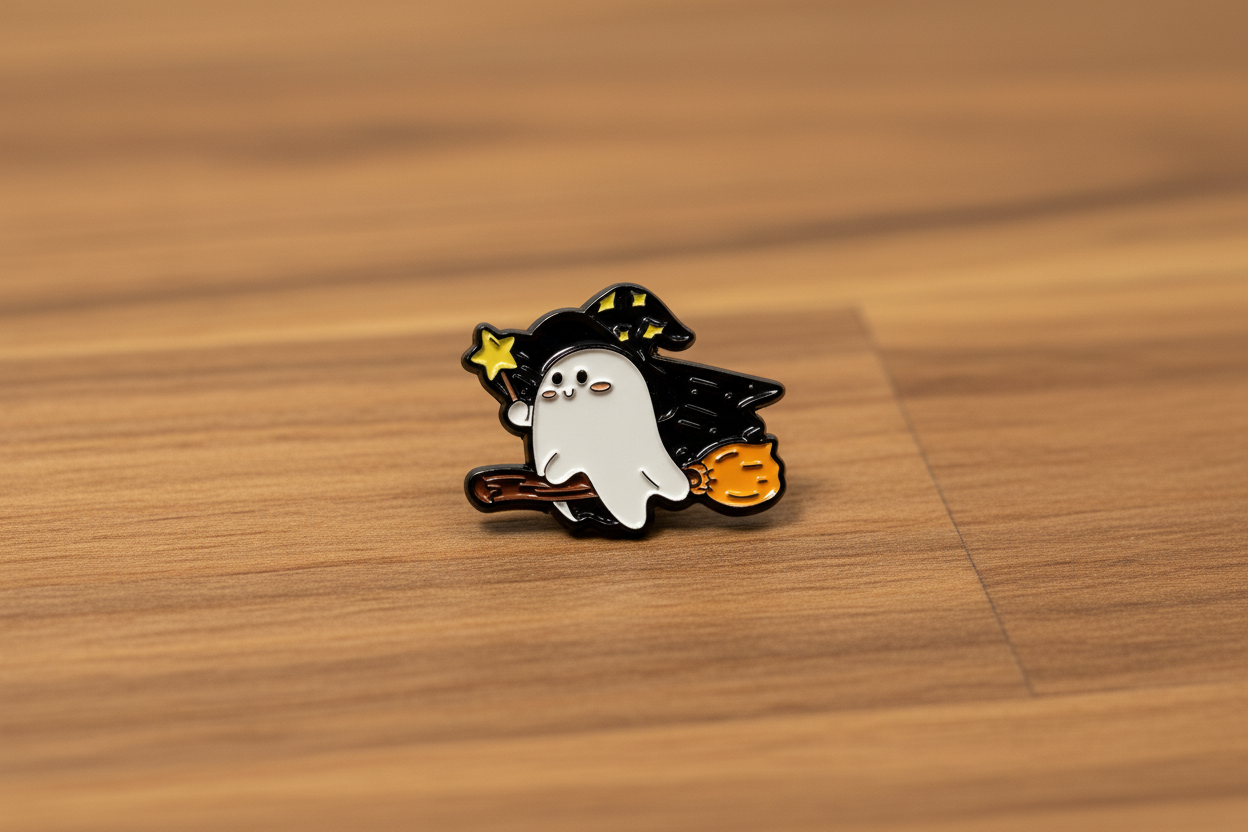 Cute Witch Ghost Enamel Pin on wood background Gothic enamel pin with DESIGN detail